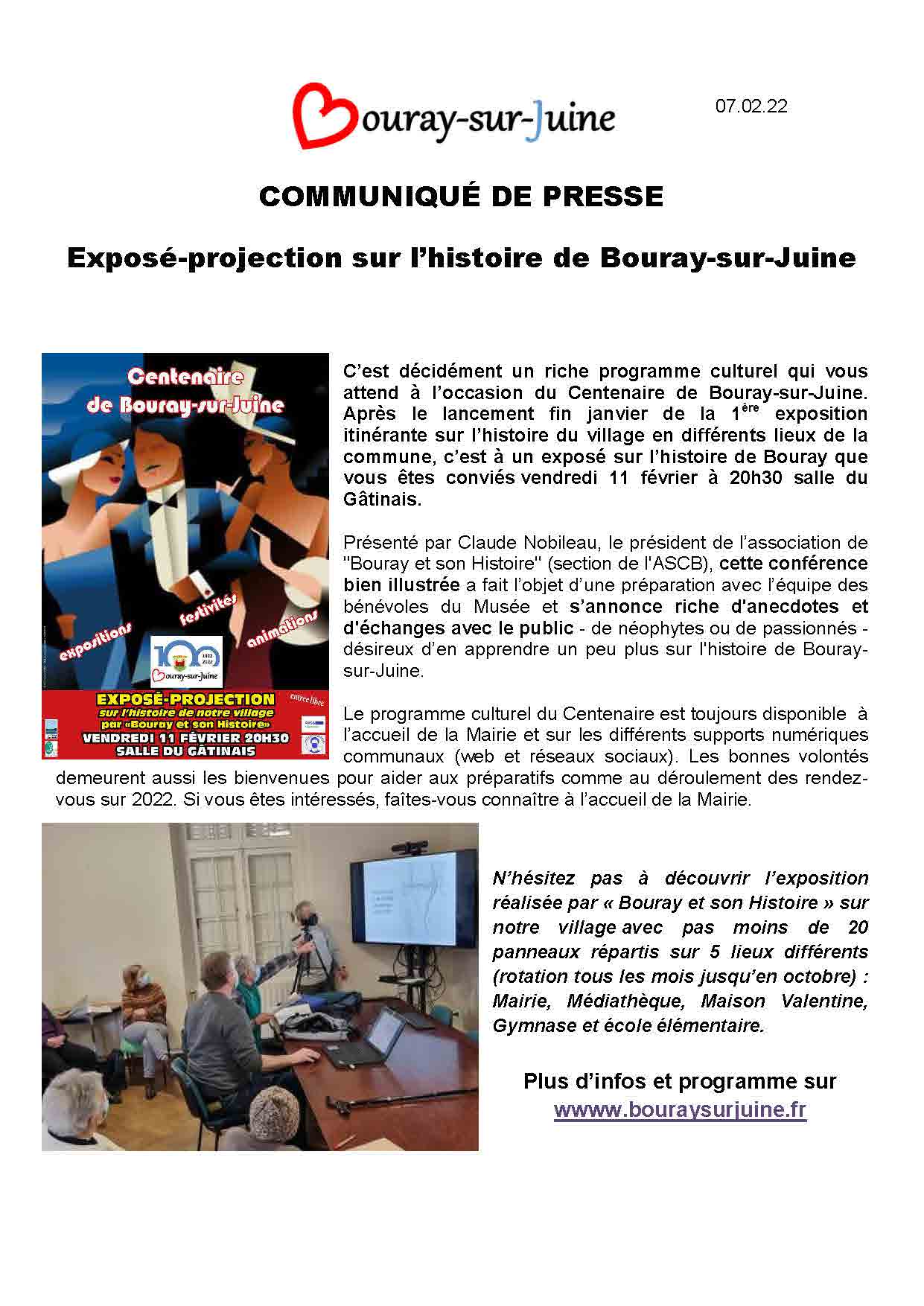 2022.02.07 communiqué de presse exposé projection sur histoire de Bouray sur Juine
