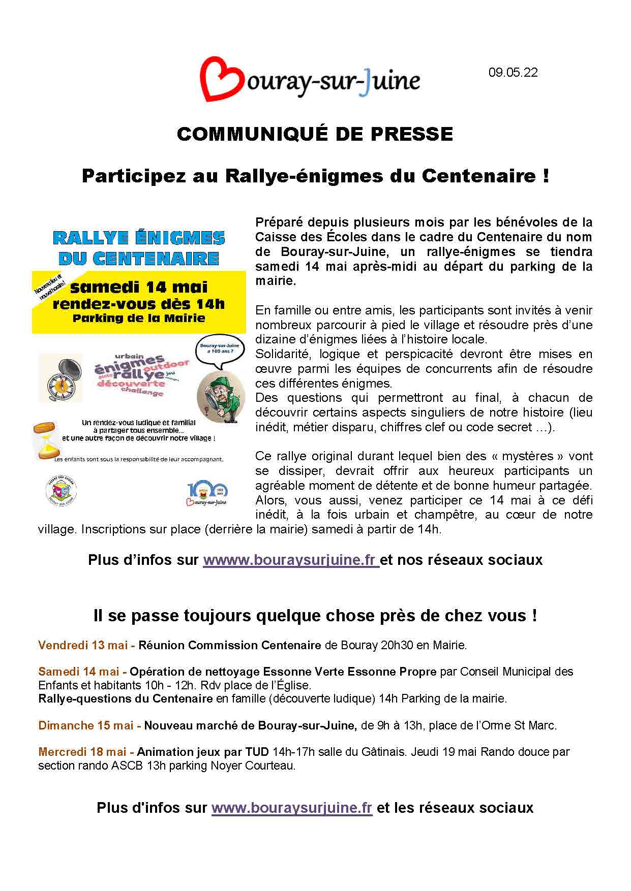 2022.05.09 communiqué de presse Rallye énigmes du Centenaire de Bouray sur Juine