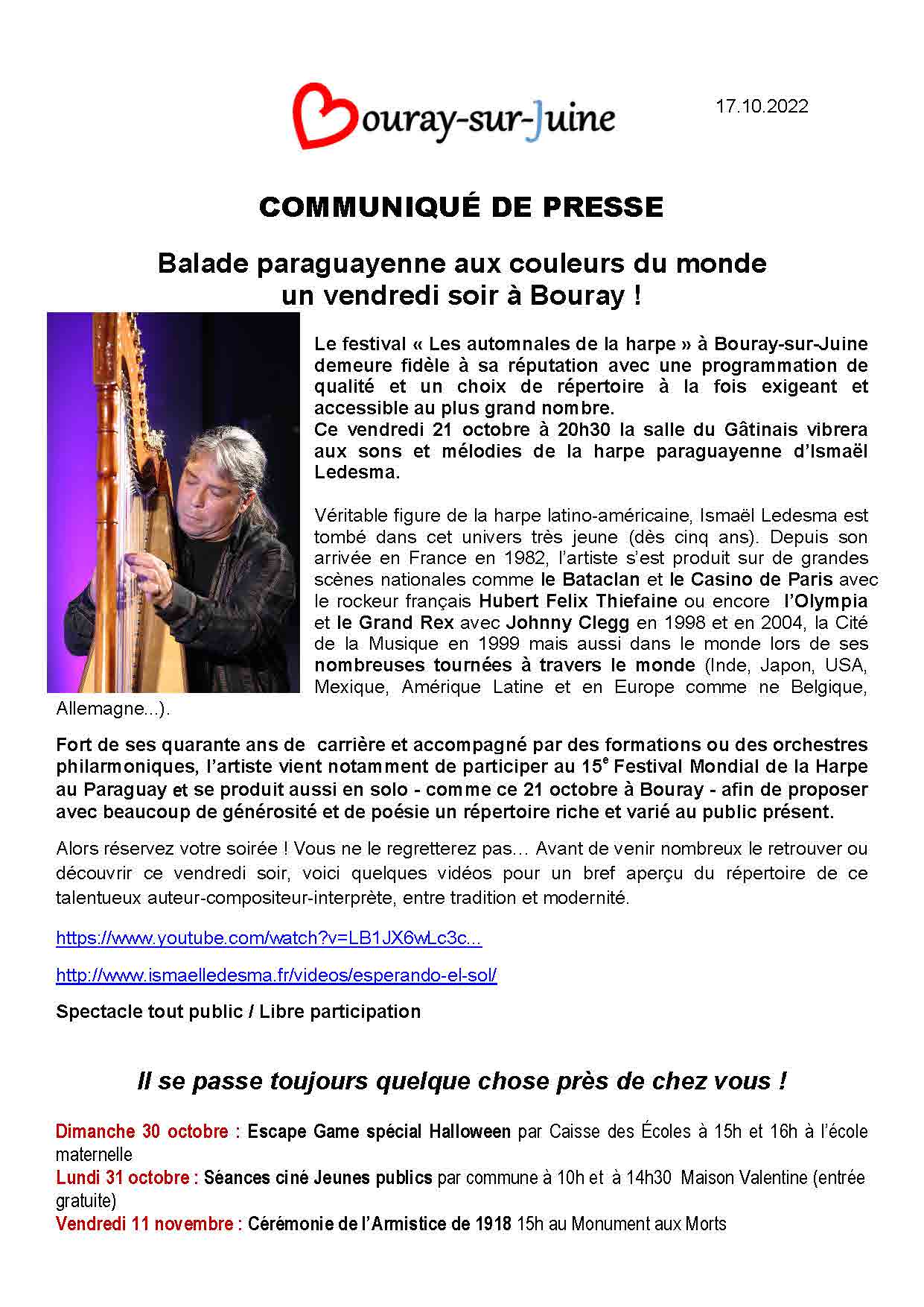 2022.10.17 Communiqué de presse Concert Ismael Ledesma du 21.10.22
