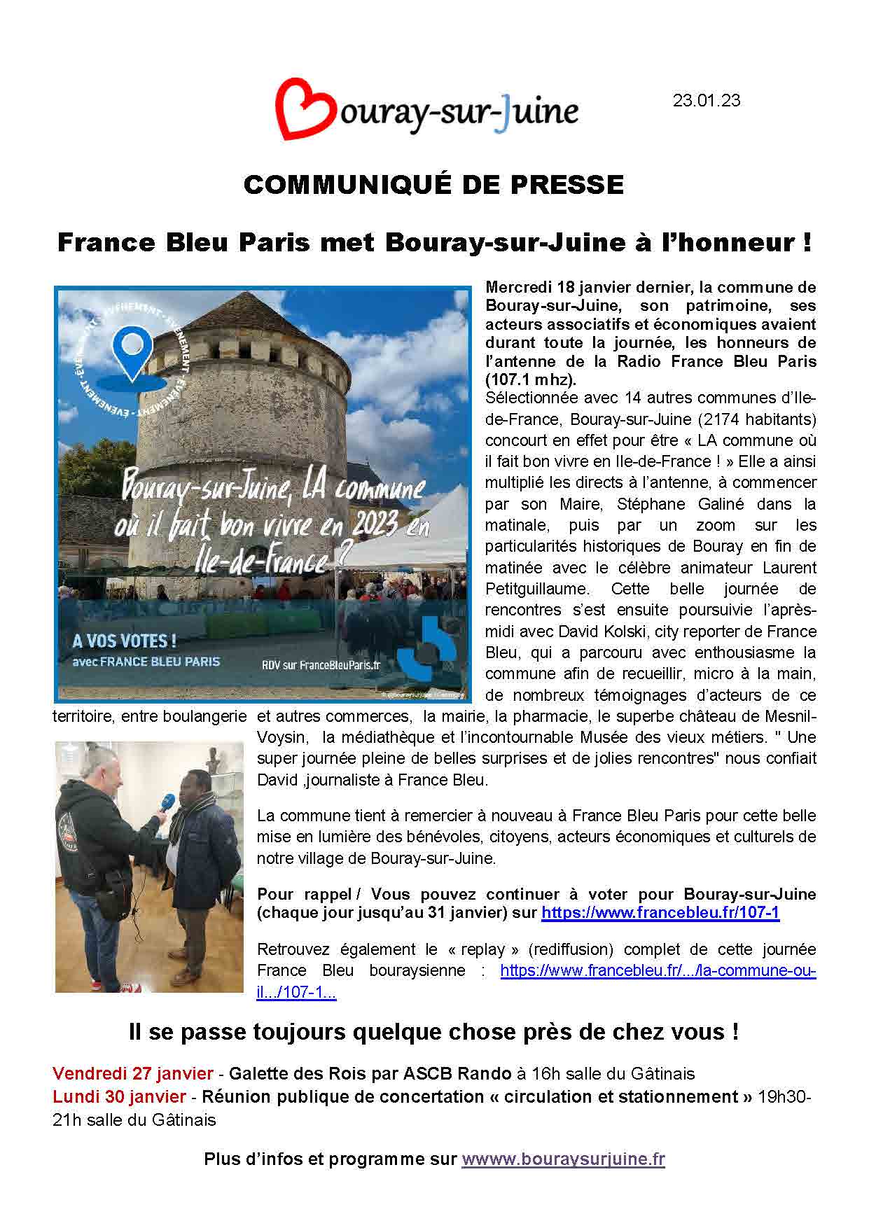 2023.01.23 communiqué de presse Bouray sur Juine finaliste sur France Bleu des communes où il fait bon vivre en IDF